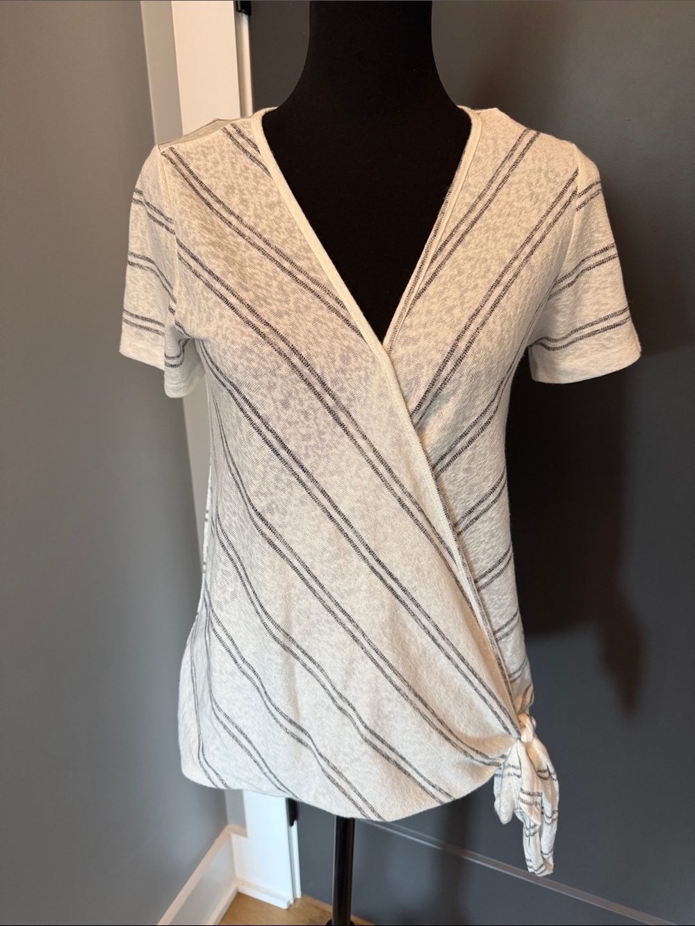 Joie White and Gray Striped Short-Sleeve Wrap Top